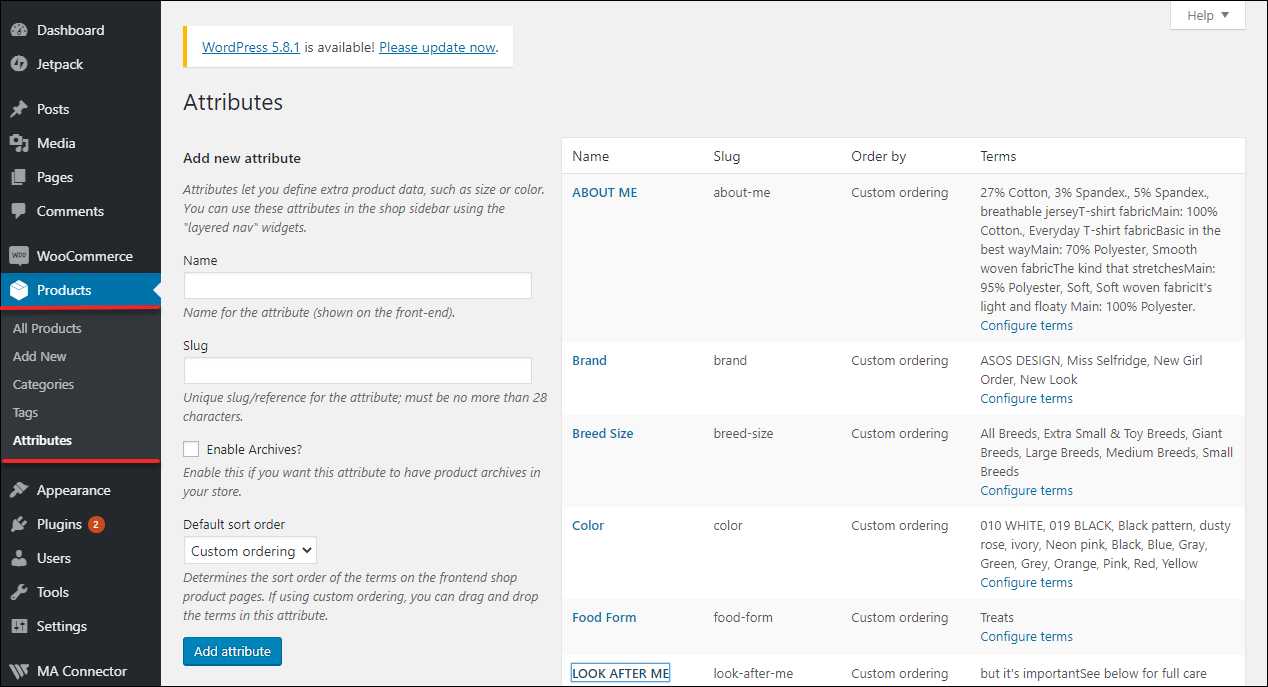WooCoommerce Product Attributes Menu in the Admin